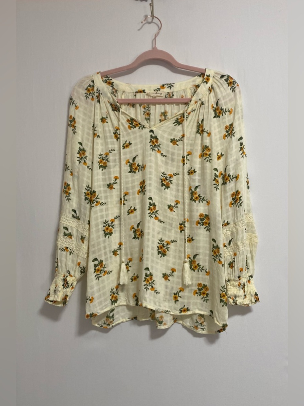 Jane and Delancey Cream Floral Peasant Top with Yellow Blossoms